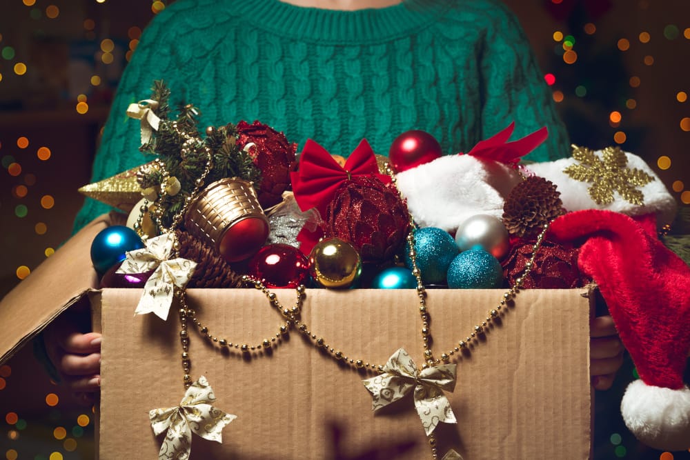 Packing holiday decorations.
