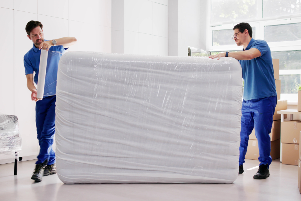 Packing a mattress for moving.