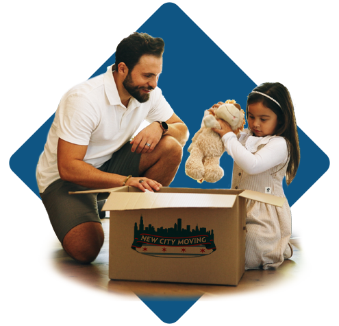 Parent helping child pack toys in a moving box during a family move with New City Moving in Chicago.