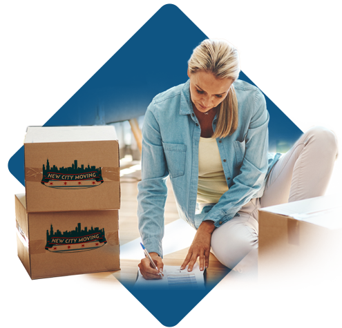 Parent organizing moving paperwork and boxes during a residential relocation with New City Moving in Chicago.